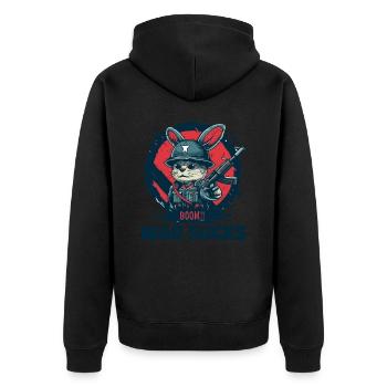 Hasen-Soldat Warnung, Krieg ist Mist - Unisex Premium Bio Zip Hoodie - Schwarz - Hinten - Nico (187cm)