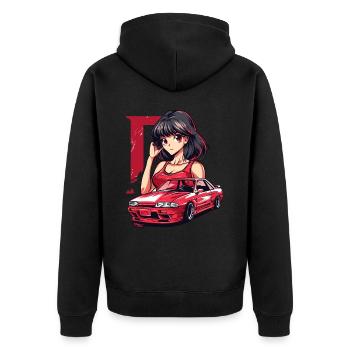 D for Initial: Retro Anime Vintage Japanese JDM - Unisex Premium Organic Zip Hoodie - black - Back - Nico (187cm)