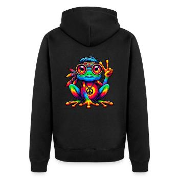 Hippie Frosch 70er Jahre 1970er 60er Jahre Party - Unisex Premium Bio Zip Hoodie - Schwarz - Hinten - Nico (187cm)