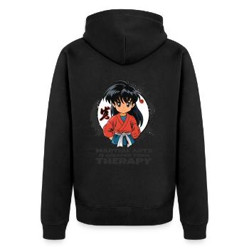 Kampfsport ist günstiger als Therapie - Unisex Premium Bio Zip Hoodie - Schwarz - Hinten - Nico (187cm)