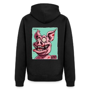 Verrücktes lustiges WTF Cartoon Schwein - Unisex Premium Bio Zip Hoodie - Schwarz - Hinten - Nico (187cm)