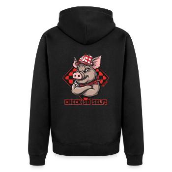 Check Yourself, Trucker Hat Pig - Unisex Premium Organic Zip Hoodie - black - Back - Nico (187cm)