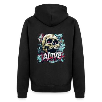 Dieser Totenkopf-Schädel lebt - Unisex Premium Bio Zip Hoodie - Schwarz - Hinten - Nico (187cm)