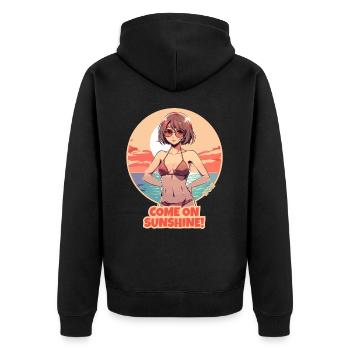 "Komm schon", sagt das Sonnen-Mädchen - Unisex Premium Bio Zip Hoodie - Schwarz - Hinten - Nico (187cm)