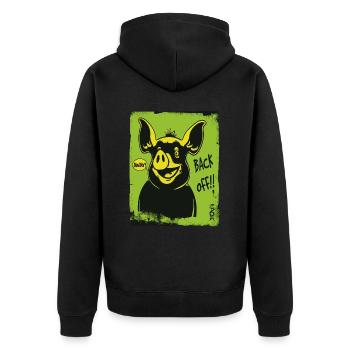 Witziges Schwein: Geh weg, hau ab - Unisex Premium Bio Zip Hoodie - Schwarz - Hinten - Nico (187cm)