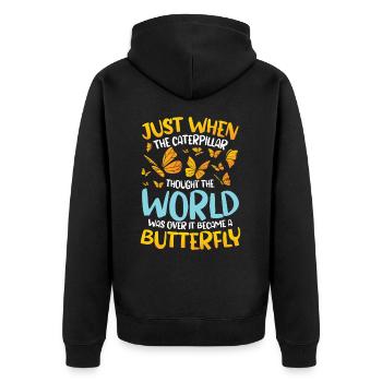 When The Caterpillar Thought The World Was Over - Unisex Premium Bio Zip Hoodie - Schwarz - Hinten - Nico (187cm)