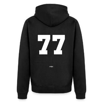 The number 77 - Unisex Premium Organic Zip Hoodie - black - Back - Nico (187cm)