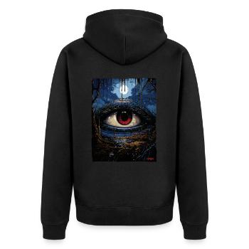 Das blau-rote Auge des Horror - Unisex Premium Bio Zip Hoodie - Schwarz - Hinten - Nico (187cm)