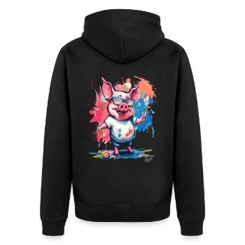 Buntes Bild und ein lustiges Maler-Schwein - Unisex Premium Bio Zip Hoodie - Schwarz - Hinten - Nico (187cm)