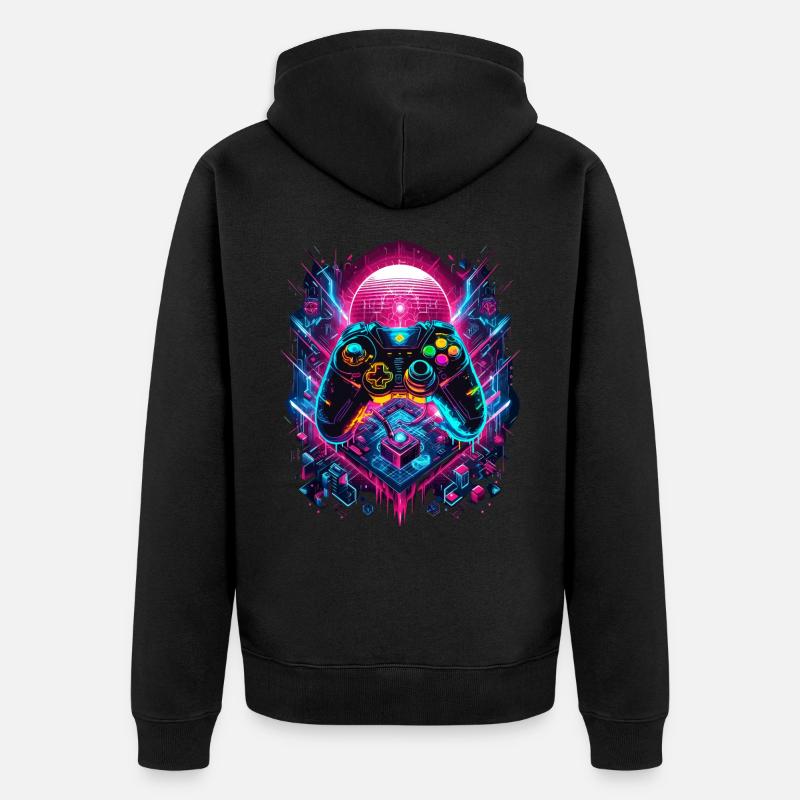 Vibrant Cyberpunk Gaming Controller Graphics - Unisex Premium Organic Zip Hoodie - black