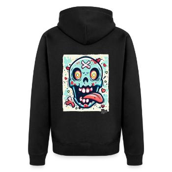 Verrückter, Lustiger, Verrückt-Bunter Totenkopf - Unisex Premium Bio Zip Hoodie - Schwarz - Hinten - Nico (187cm)