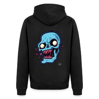 abstrakter blauer Totenkopf - Unisex Premium Bio Zip Hoodie - Schwarz - Hinten - Nico (187cm)