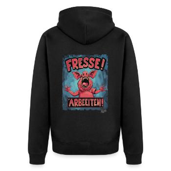 The sow the crazy pig - keep your mouth shut, work - Unisex Premium Organic Zip Hoodie - black - Back - Nico (187cm)