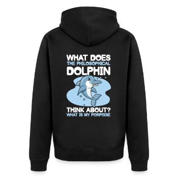Philosophical Dolphin Think About Porpoise - Unisex Premium Bio Zip Hoodie - Schwarz - Hinten - Nico (187cm)