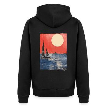 Sonnenuntergang und Segelboot im Ozean - Unisex Premium Bio Zip Hoodie - Schwarz - Hinten - Nico (187cm)