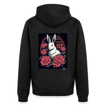 Asiatische Rosen und ein Weißes Häschen - Unisex Premium Bio Zip Hoodie - Schwarz - Hinten - Nico (187cm)