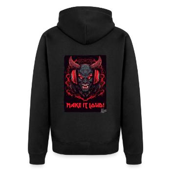 Kopfhörer Teufel Rock: Mach es lauter - Unisex Premium Bio Zip Hoodie - Schwarz - Hinten - Nico (187cm)