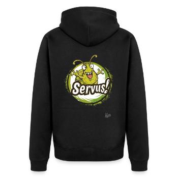 Snail with arms waves: Servus! - Unisex Premium Organic Zip Hoodie - black - Back - Nico (187cm)