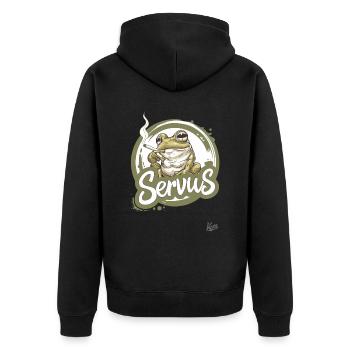 A cool smoking frog says: Servus - Unisex Premium Organic Zip Hoodie - black - Back - Nico (187cm)