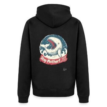 Endangered species: Whale, STOP MOTHER... - Unisex Premium Organic Zip Hoodie - black - Back - Nico (187cm)