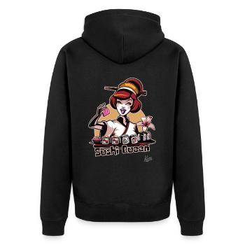 Hobby Geisha: Die fröhliche Sushi-Königin - Unisex Premium Bio Zip Hoodie - Schwarz - Hinten - Nico (187cm)
