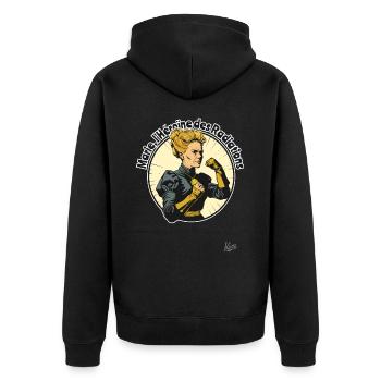 Marie - Die Heldin der Strahlung - Unisex Premium Bio Zip Hoodie - Schwarz - Hinten - Nico (187cm)