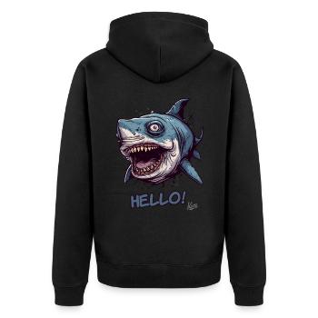 Lustiger gruseliger Zombie-Hai sagt Hallo - Unisex Premium Bio Zip Hoodie - Schwarz - Hinten - Nico (187cm)