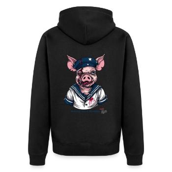 Der Duft eines ramponierten Sau-Seemann-Schweins - Unisex Premium Bio Zip Hoodie - Schwarz - Hinten - Nico (187cm)