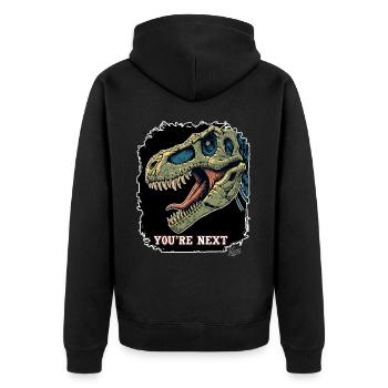 Super Aggressiver Rex Dinosaurier: Du bist Nächste - Unisex Premium Bio Zip Hoodie - Schwarz - Hinten - Nico (187cm)