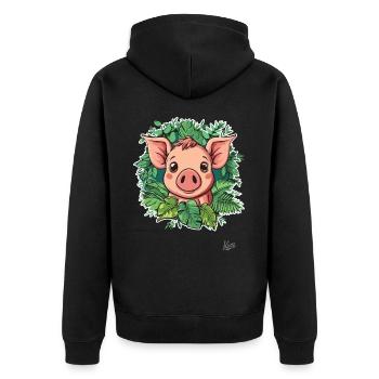 Kleines Süßes Schwein im Pflanzen-Dschungel - Unisex Premium Bio Zip Hoodie - Schwarz - Hinten - Nico (187cm)