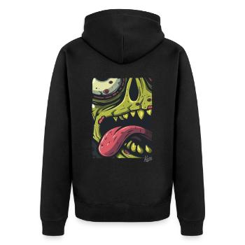 Zoom auf dieses Zombie-Gesicht: Gruselig stylisch! - Unisex Premium Bio Zip Hoodie - Schwarz - Hinten - Nico (187cm)