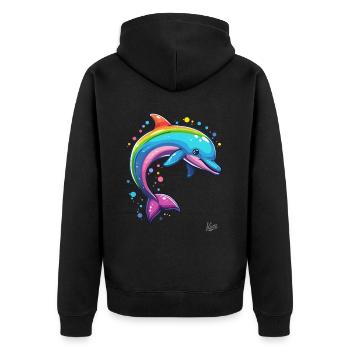 Bunt und fröhlich: Regenbogen Glücklicher Delfin - Unisex Premium Bio Zip Hoodie - Schwarz - Hinten - Nico (187cm)