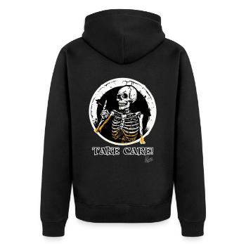 Skelett-Schädel-Rat: Pass Auf! - Unisex Premium Bio Zip Hoodie - Schwarz - Hinten - Nico (187cm)
