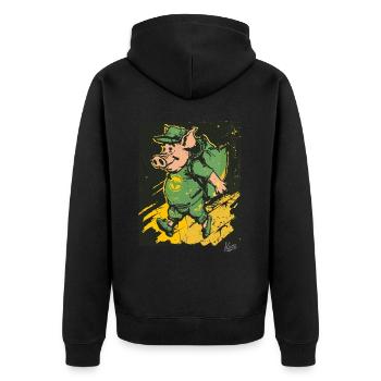 Cool, lustig und lächelnd: Retro Vintage Schwein - Unisex Premium Bio Zip Hoodie - Schwarz - Hinten - Nico (187cm)