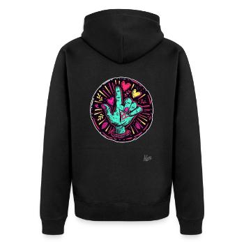 Old-School Retro Hand und Zeigefinger in die Luft - Unisex Premium Bio Zip Hoodie - Schwarz - Hinten - Nico (187cm)