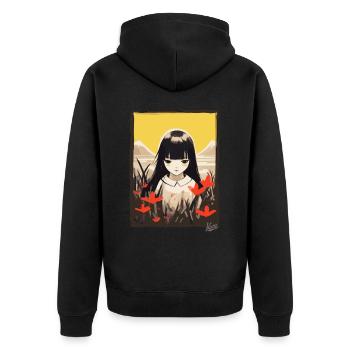 Japanisches Asiatisches Mädchen im Blumenfeld - Unisex Premium Bio Zip Hoodie - Schwarz - Hinten - Nico (187cm)