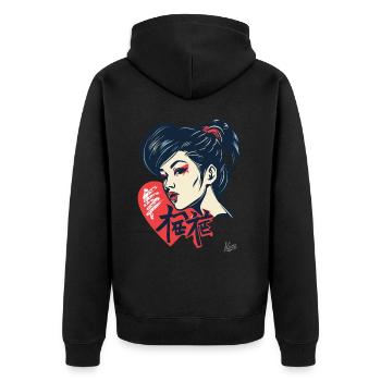 A Japanese woman ready to kiss with heart - Unisex Premium Organic Zip Hoodie - black - Back - Nico (187cm)