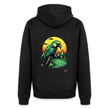 Sonnenuntergang und ein grüner Papagei - Unisex Premium Bio Zip Hoodie - Schwarz - Hinten - Nico (187cm)