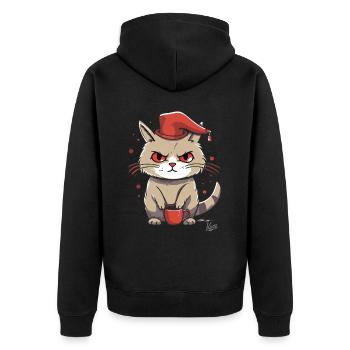 Kaffee Katze mit Hut: Die Morgenmuffel Mieze - Unisex Premium Bio Zip Hoodie - Schwarz - Hinten - Nico (187cm)