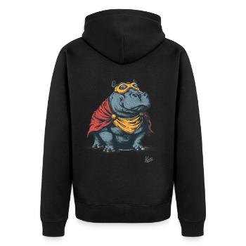 Nilpferd im Superhelden-Kostüm - Unisex Premium Bio Zip Hoodie - Schwarz - Hinten - Nico (187cm)