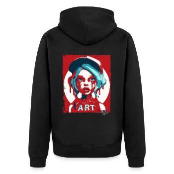 Streetart Mädchen mit Sauce und Kappe - Unisex Premium Bio Zip Hoodie - Schwarz - Hinten - Nico (187cm)
