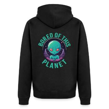 Gelangweilt von diesem Planeten. - Unisex Premium Bio Zip Hoodie - Schwarz - Hinten - Nico (187cm)