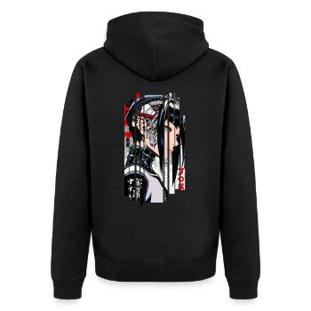 Frau Cyborg Ninja Blau Geometrisch - Unisex Premium Bio Zip Hoodie - Schwarz - Hinten - Nico (187cm)