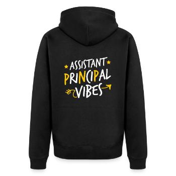 Hauptassistent Vibes - Unisex Premium Bio Zip Hoodie - Schwarz - Hinten - Nico (187cm)
