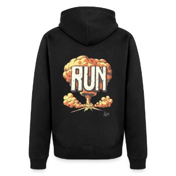 Nuklearer Boom: Flucht vor der Explosion, Laufen - Unisex Premium Bio Zip Hoodie - Schwarz - Hinten - Nico (187cm)