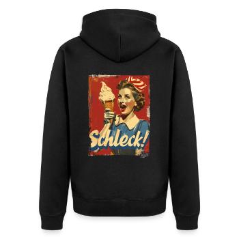 Fröhliche 1950er-Hausfrau mit Eiscreme – Schleck! - Unisex Premium Bio Zip Hoodie - Schwarz - Hinten - Nico (187cm)