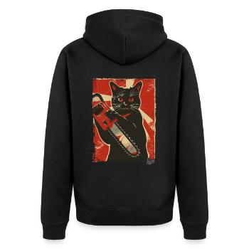 Vintage Funny Cat with Chainsaw - Unisex Premium Organic Zip Hoodie - black - Back - Nico (187cm)