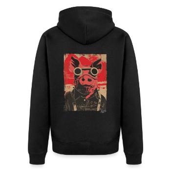 Lustiges verrücktes Steampunk-Pilotenschwein - Unisex Premium Bio Zip Hoodie - Schwarz - Hinten - Nico (187cm)