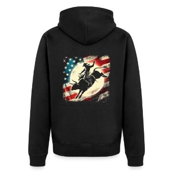 Rodeo, Cowboy, Western, Bulle, Stier, USA Flagge - Unisex Premium Bio Zip Hoodie - Schwarz - Hinten - Nico (187cm)
