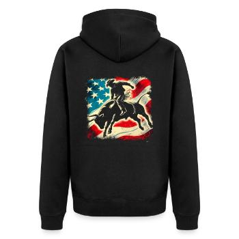 Rodeo, Cowboy, Western, Bulle, Stier, USA Flagge - Unisex Premium Bio Zip Hoodie - Schwarz - Hinten - Nico (187cm)